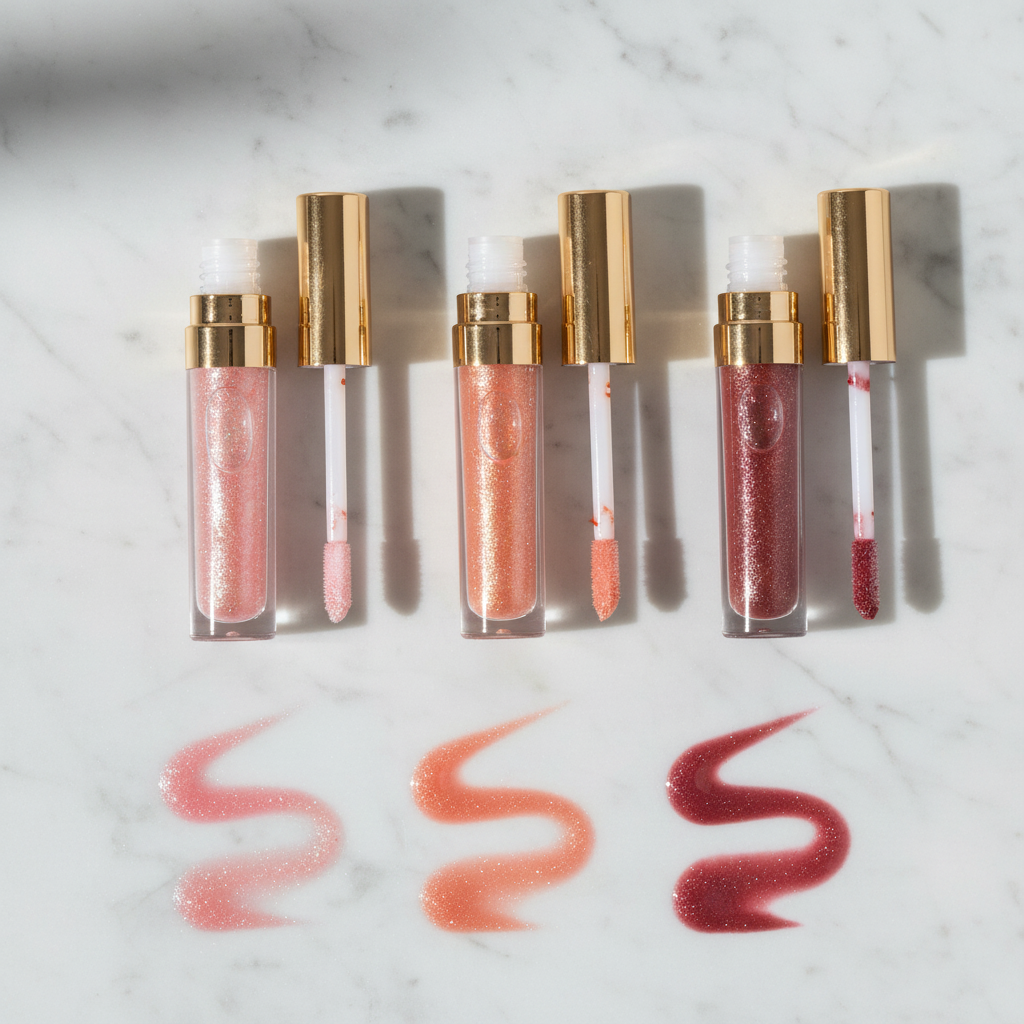 Three glitter lip gloss tubes in sheer pink, coral peach and berry mauve on white marble