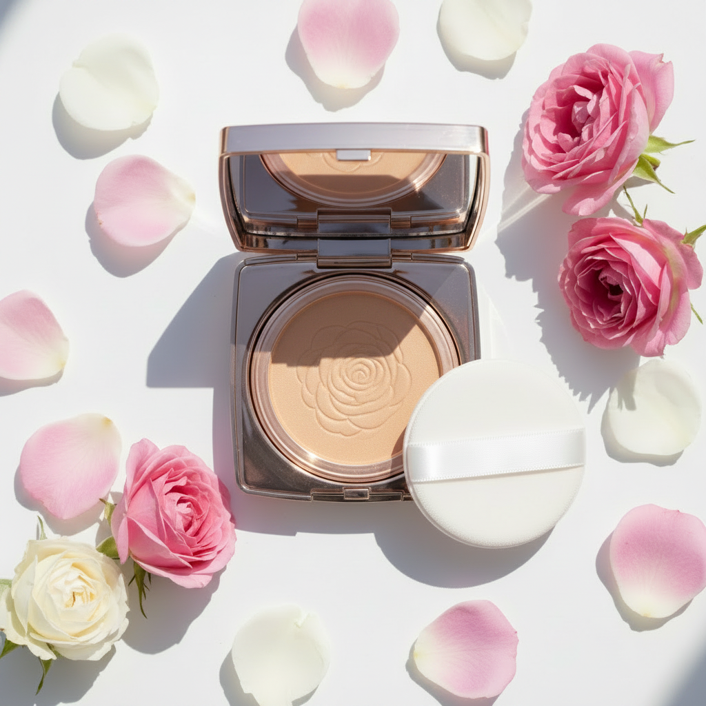 Rose Frame Pressed Powder Compact - Sand Beige variant, open compact with puff on white surface with roses