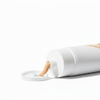 Close-up of BB cream tube bottom flip-top screw cap detail on white background
