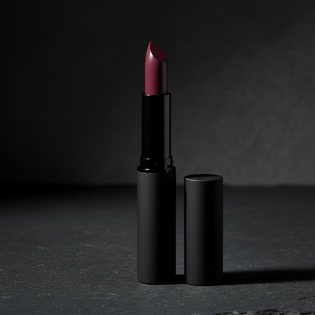 Noir Bullet Lipstick - Berry Plum variant, matte black tube open on dark slate surface