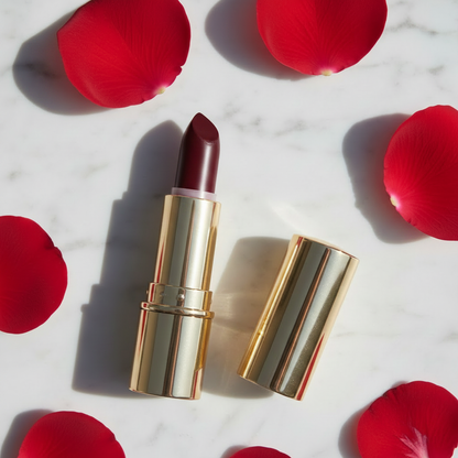 Golden Hour Bullet Lipstick - Burgundy Wine variant, gold tube open on white marble with red rose petals