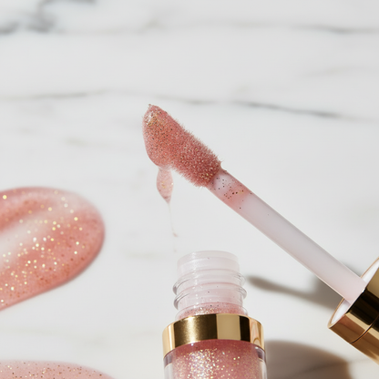 Close-up of white doe-foot wand loaded with sheer pink glitter lip gloss showing sparkle texture