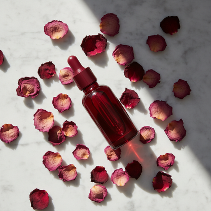 Botanical Facial Serum — flat lay view with rose petals