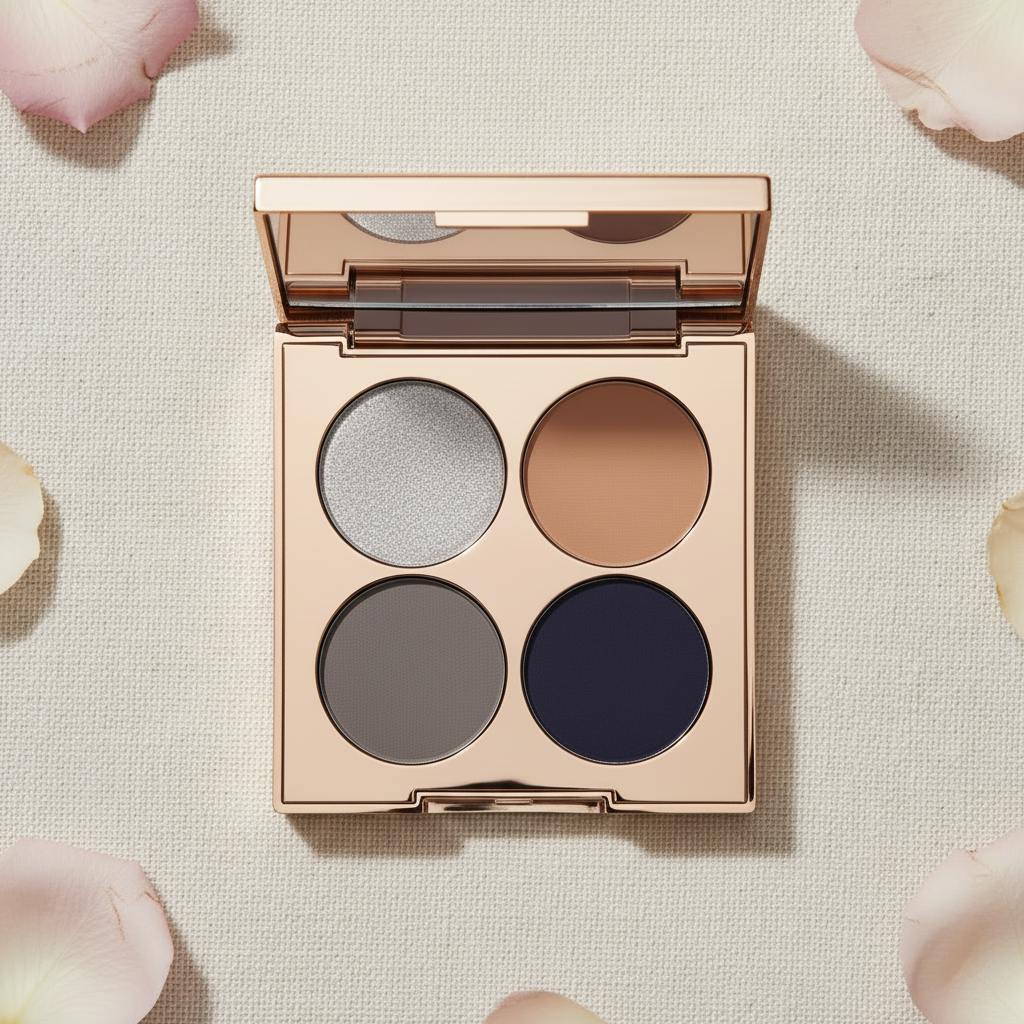 Velvet Quad Eyeshadow Palette - Midnight Frost, four pan compact open with rose petals