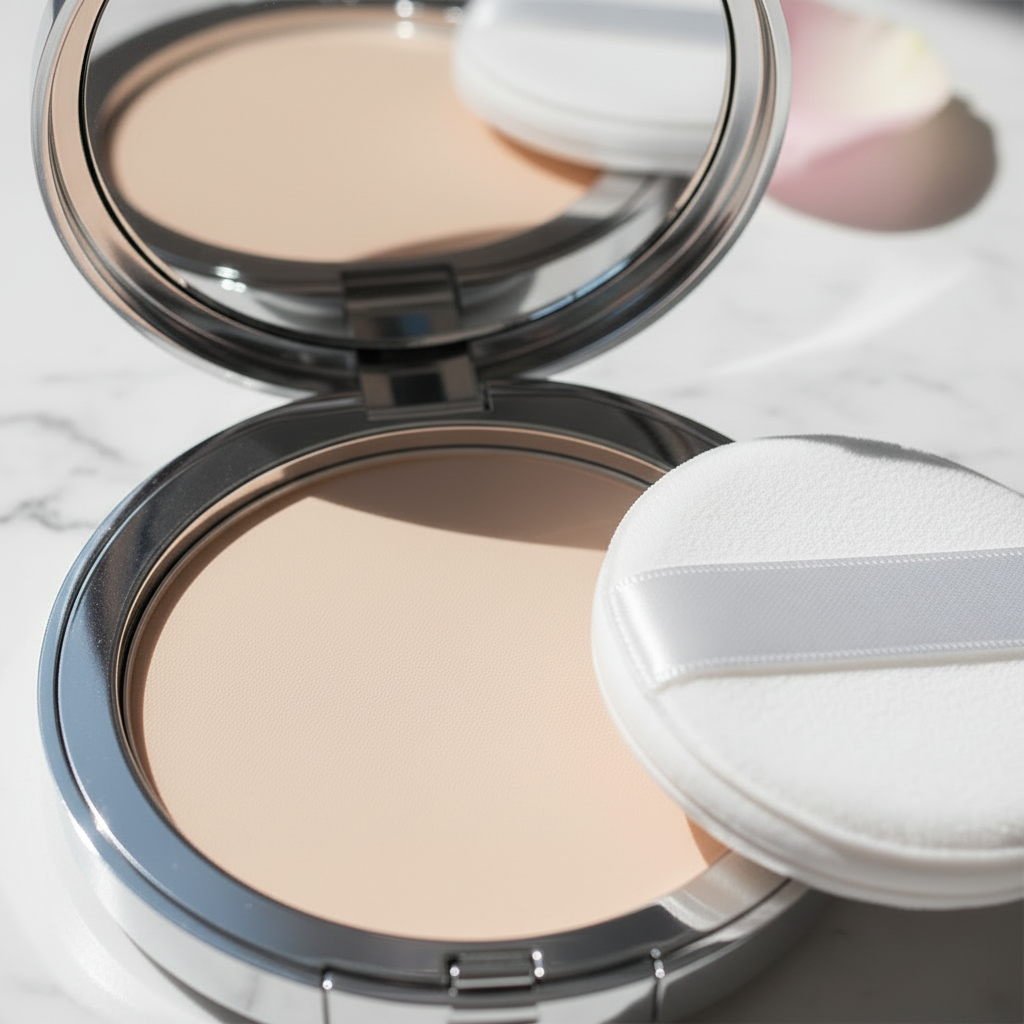 Silk Veil Pressed Powder Compact macro close-up showing smooth matte pressed powder surface texture