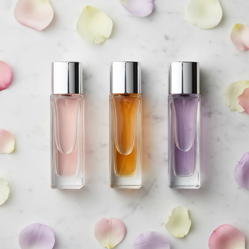 Crystal Slim Eau de Toilette — all three variants flat lay on marble with flower petals