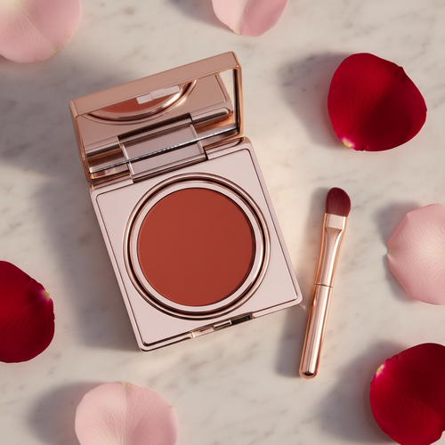 Velvet Petal Lip Color Compact - Terracotta Red variant, open compact with brush on marble with rose petals