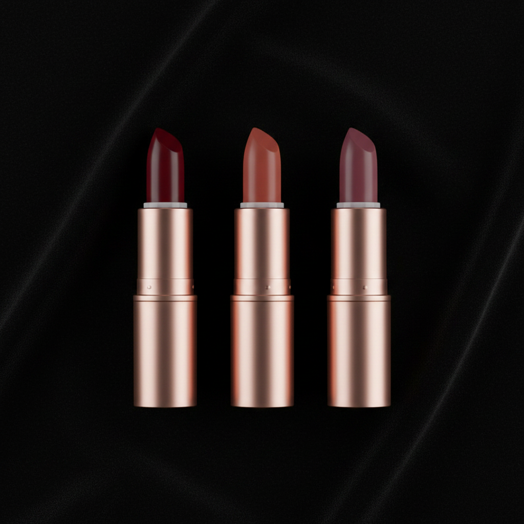 Velvet Satin Bullet Lipstick — all three shades flat lay on black velvet