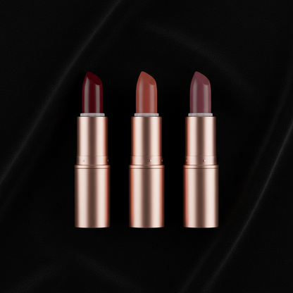 Velvet Satin Bullet Lipstick — all three shades flat lay on black velvet