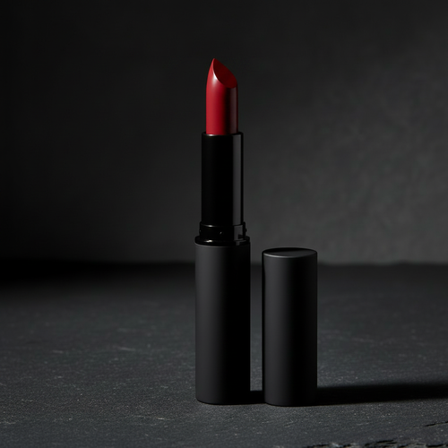 Noir Bullet Lipstick - Nude Beige variant, matte black tube open on dark slate surface
