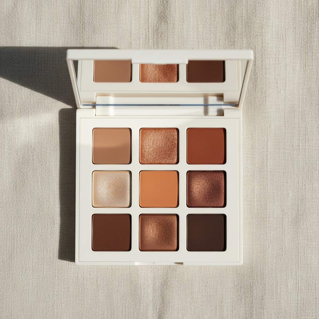 9-Pan Eyeshadow Palette — Taupe Brown colour story, open palette flat lay
