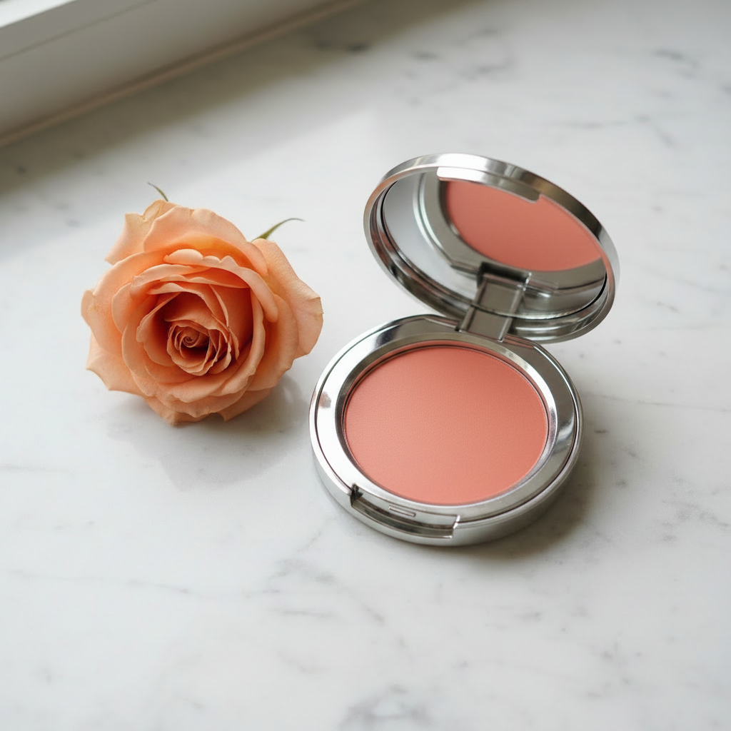 Petal Flush Cream Blush - Coral Peach variant, soft coral peach shade in silver compact with peach rose