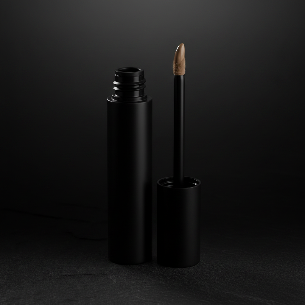 Noir Precision Liquid Concealer - Caramel Brown variant, matte black tube open with pointed sponge tip on dark slate