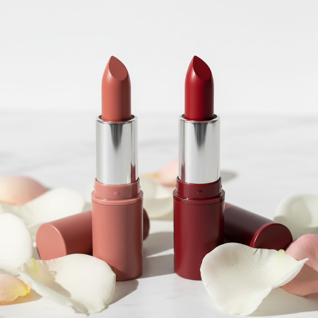 Duo Tone Bullet Lipstick Set macro close-up of angled cut bullet tips and silver ring detail