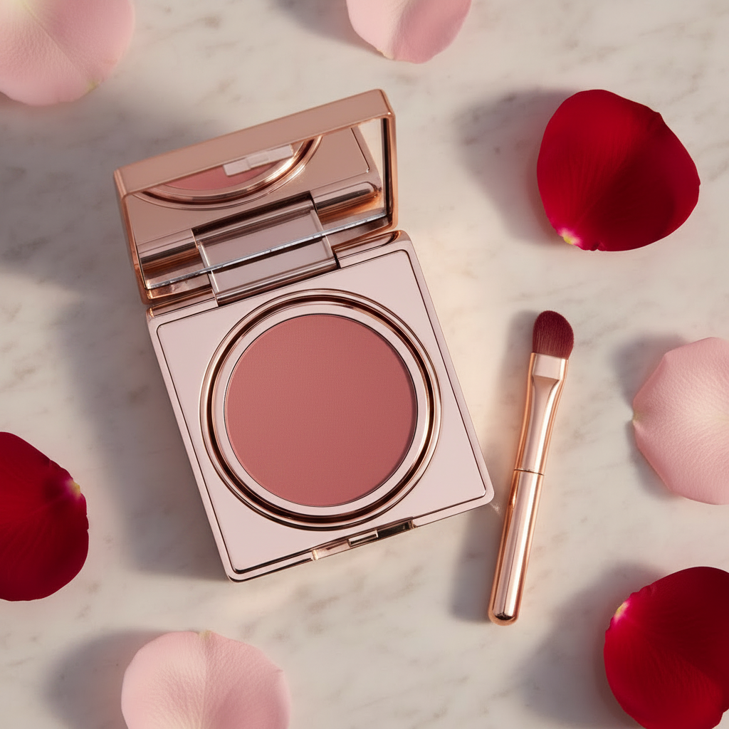 Velvet Petal Lip Color Compact - Dusty Rose variant, open compact with brush on marble with pink petals