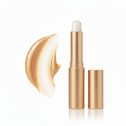 Pearl White highlighter stick with gold tube and shimmer swatch on white background