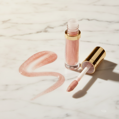 Sheer Pink glitter lip gloss in clear glass tube with gold cap and S-shaped swatch on white marble