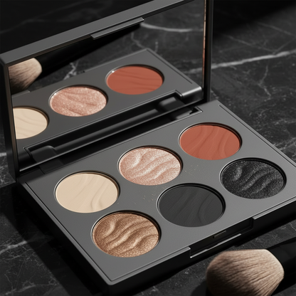 Shadow Edit Six-Pan Palette macro close-up showing shimmer and matte powder texture detail
