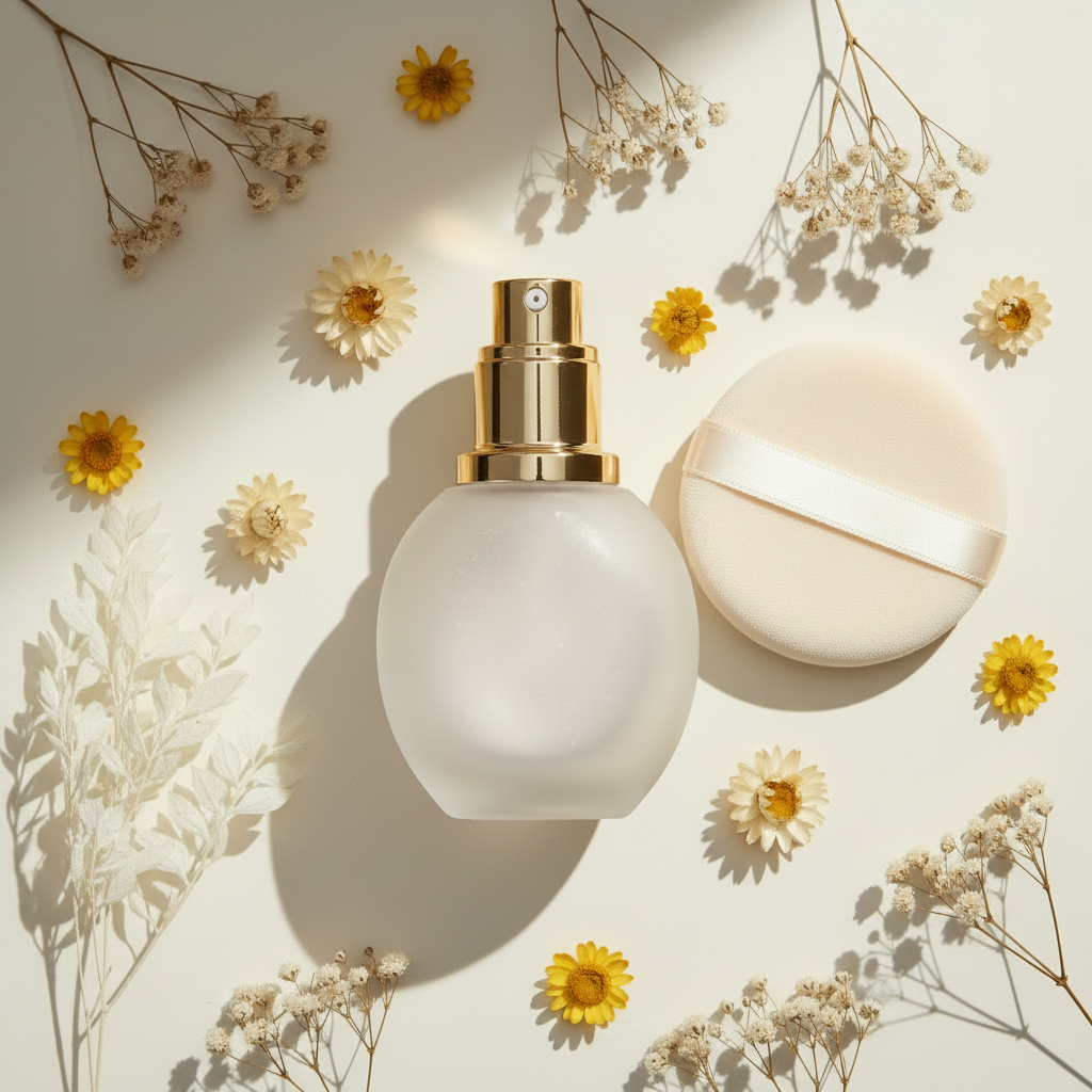 Airy Veil Loose Setting Powder - Translucent variant, frosted glass bottle with gold pump and powder puff