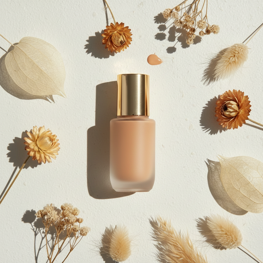 Soft Focus Liquid Concealer frosted glass bottle closed with gold cap, upright among dried flowers