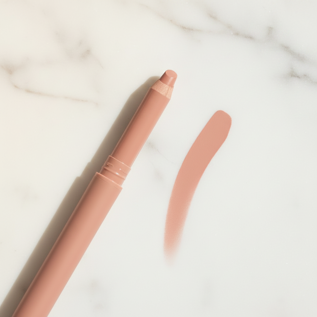 Nude Beige retractable lip liner pencil with swatch on white marble