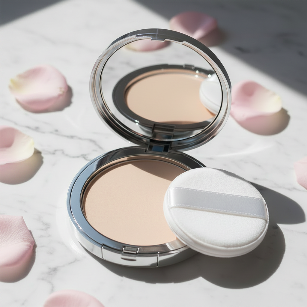 Silk Veil Pressed Powder Compact - Sand Beige variant, open silver compact with puff on marble