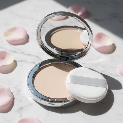 Silk Veil Pressed Powder Compact - Sand Beige variant, open silver compact with puff on marble