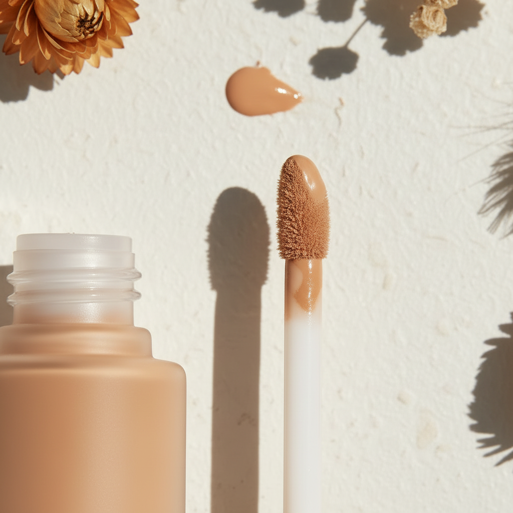 Soft Focus Liquid Concealer macro close-up of sponge tip wand loaded with nude beige liquid concealer